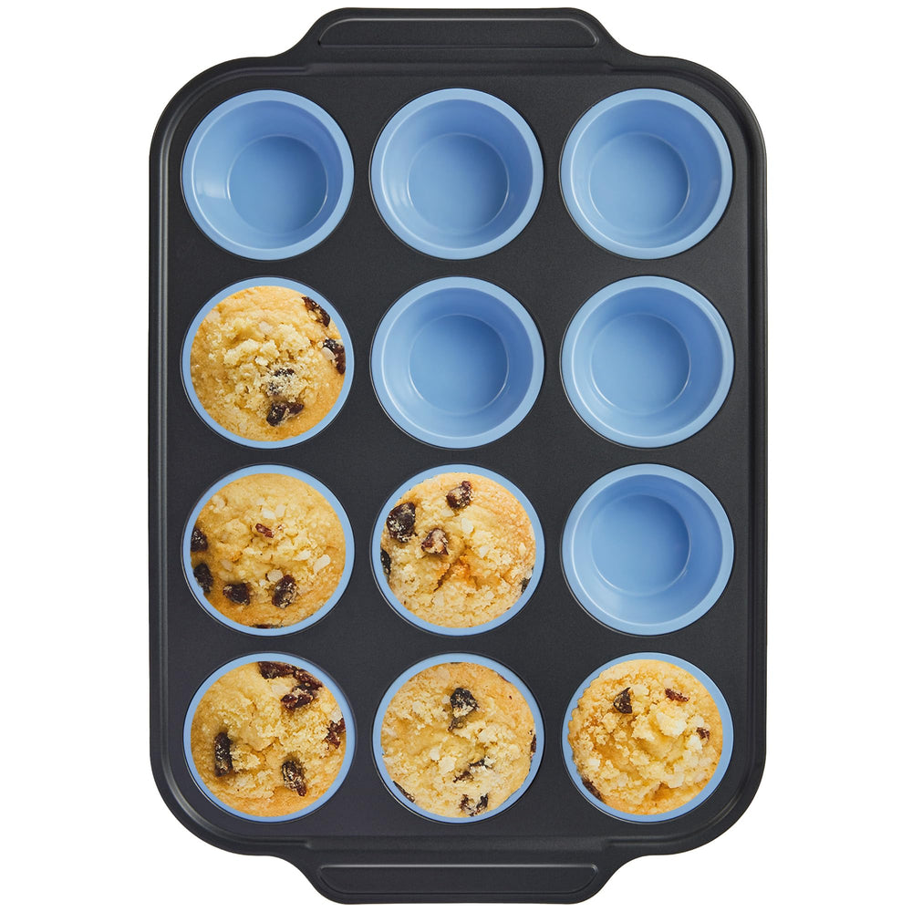 BRONYPRO vista frontal del molde azul para 12 muffins con marco estable