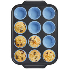 BRONYPRO vista frontal del molde azul para 12 muffins con marco estable