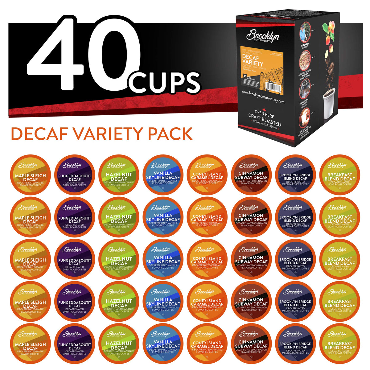 Brooklyn Beans front packaging showing 40-count decaf variety and convenience