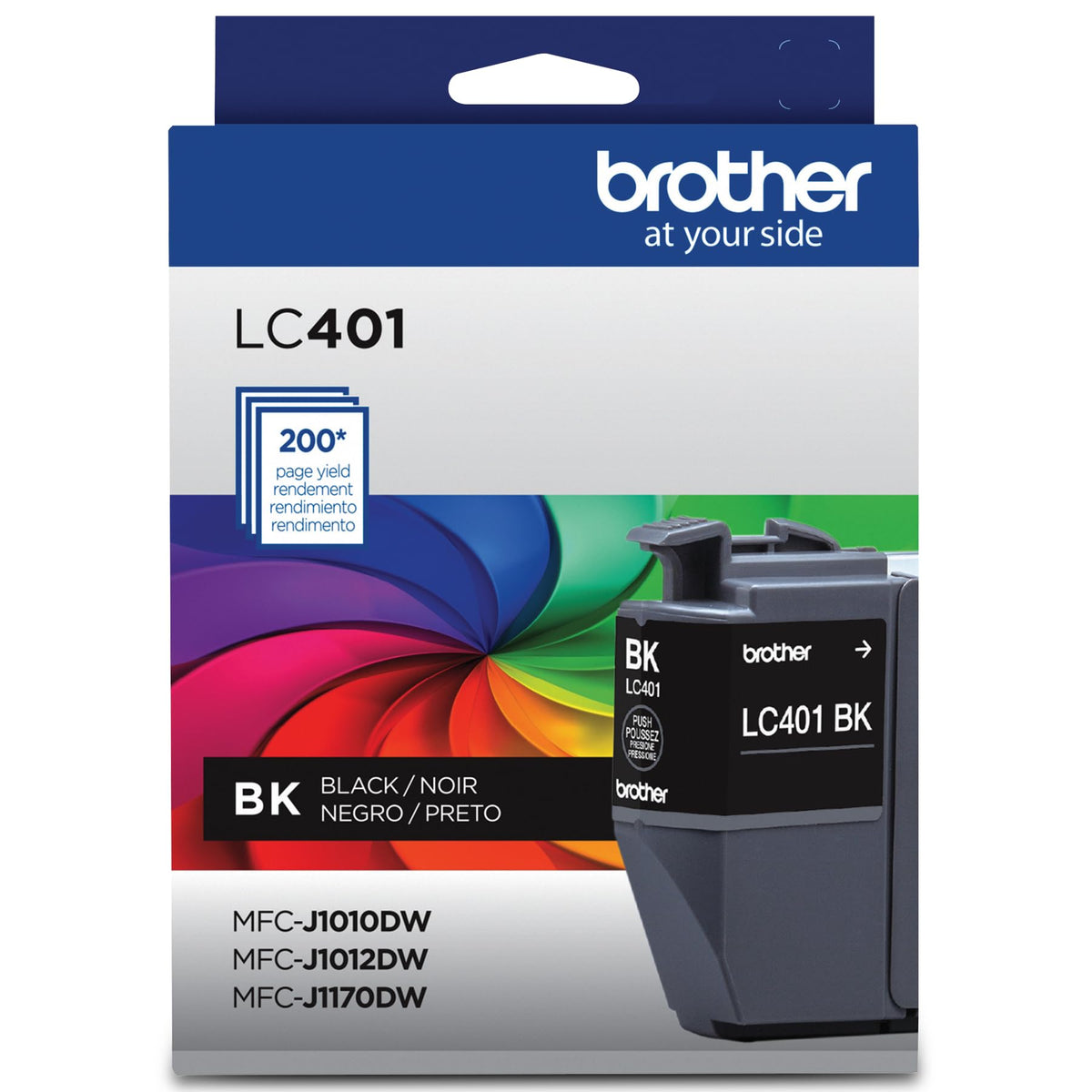 Brother cartucho LC401BK vista frontal con etiquetas claras y calidad de impresión