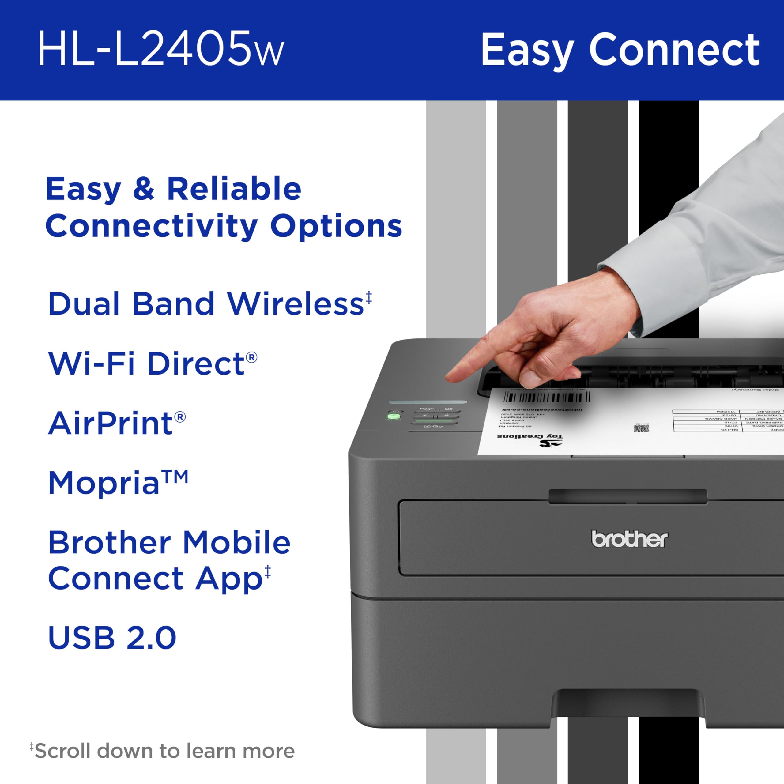 Brother HL-L2405W pantalla de la app Mobile Connect gestionando impresiones y suministros
