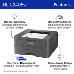 Brother HL-L2405W bandeja de 250 hojas ofreciendo mayor productividad sin recargas