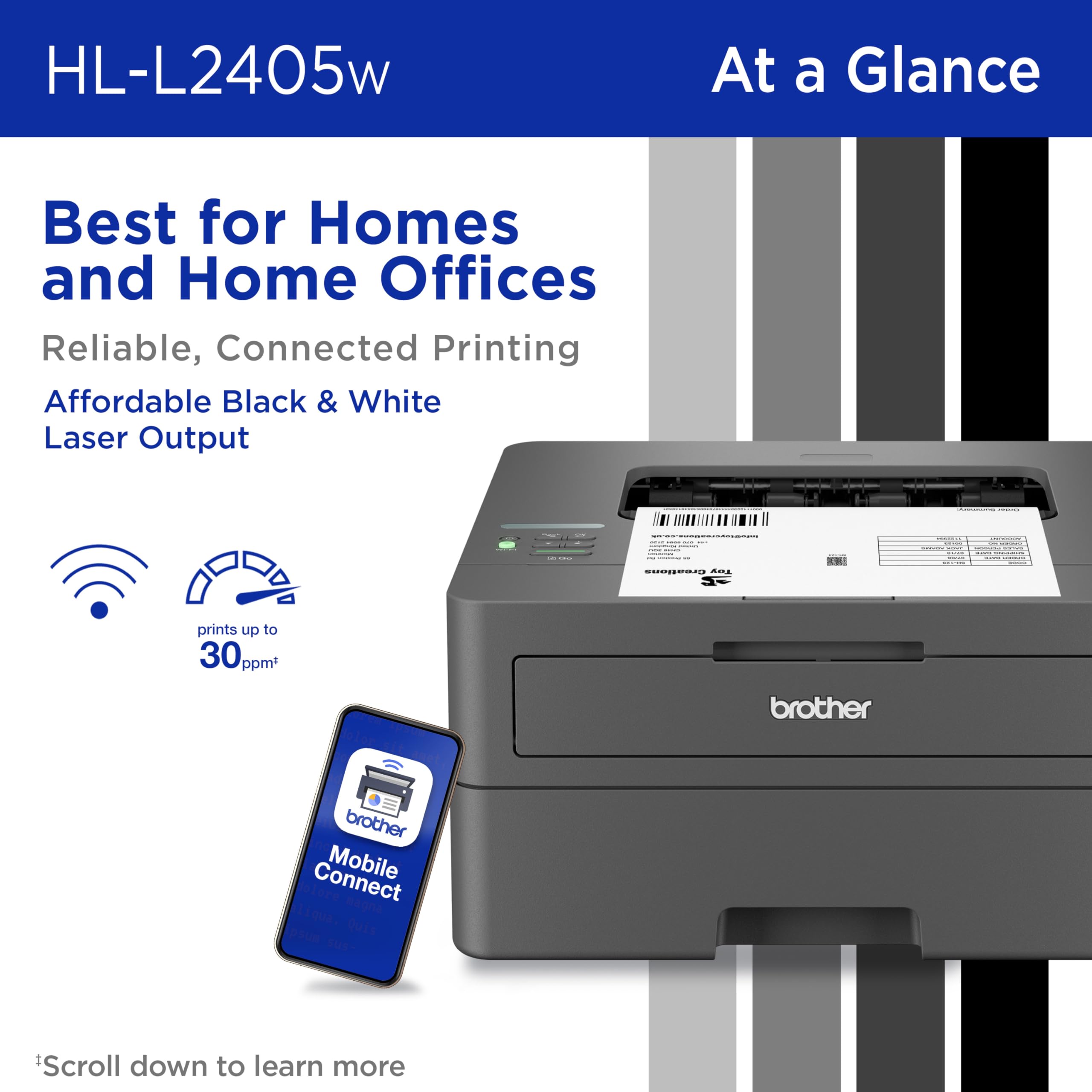 Brother HL-L2405W vista lateral que ilustra su tamaño reducido y ahorro de espacio