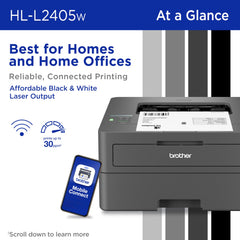 Brother HL-L2405W vista lateral que ilustra su tamaño reducido y ahorro de espacio