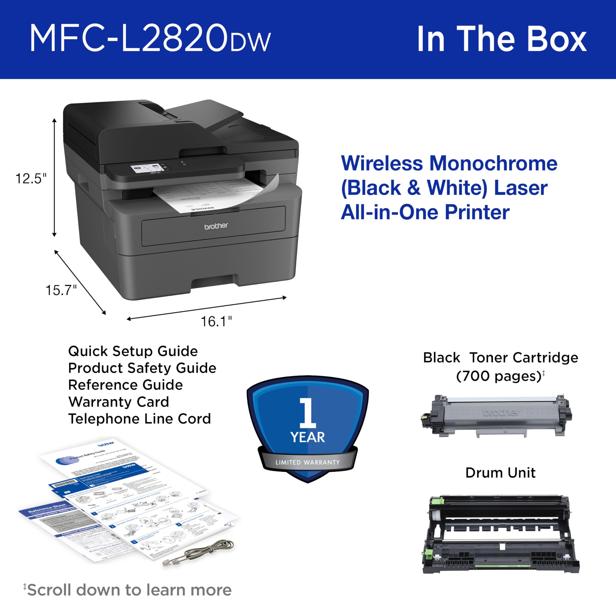 Brother MFC-L2820DW colocada en un escritorio de oficina para entorno real