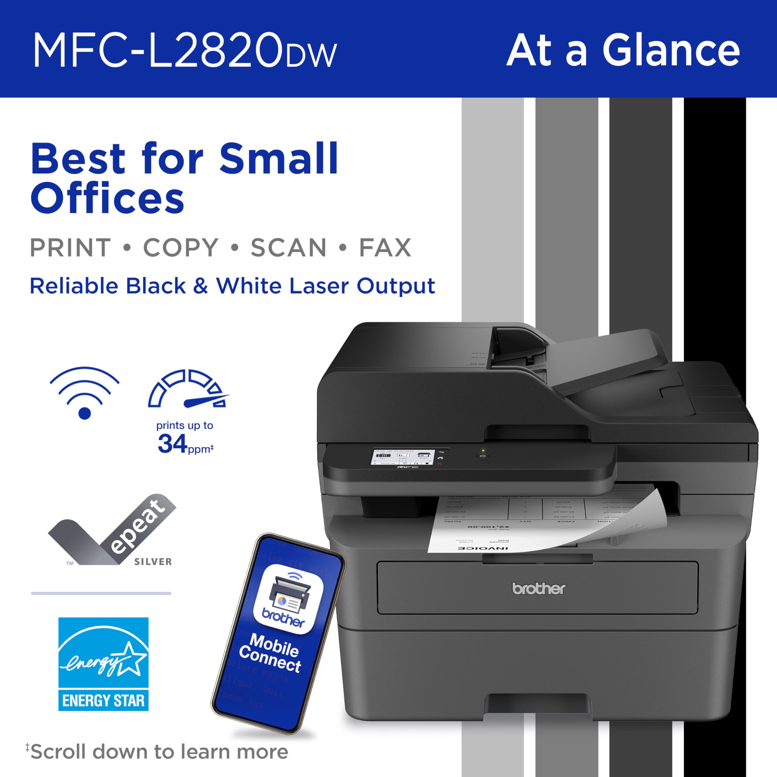 Brother MFC-L2820DW pantalla táctil 2.7 pulgadas para navegación rápida y fácil