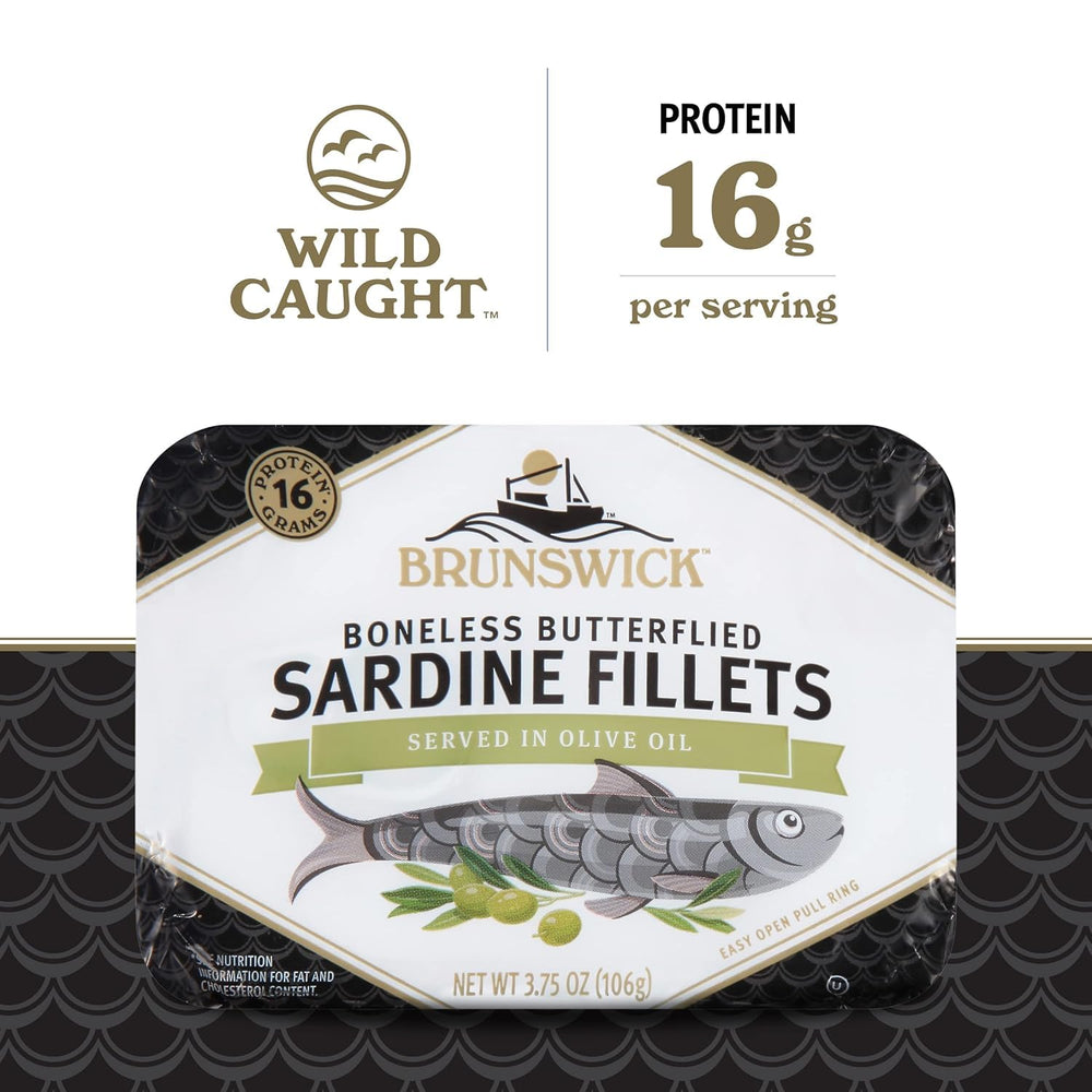 Brunswick open can displaying boneless butterflied fillets, convenient ready-to-eat benefit