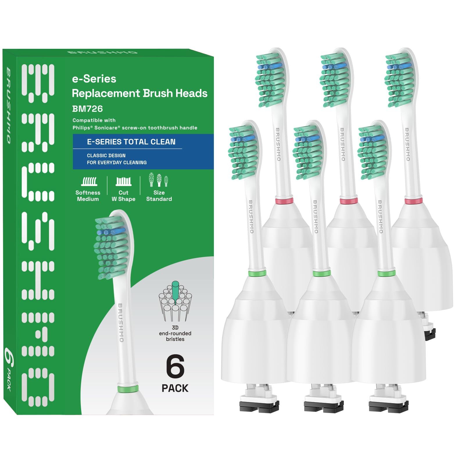 Brushmo vista frontal del paquete BM726 con 6 unidades y compatibilidad clara