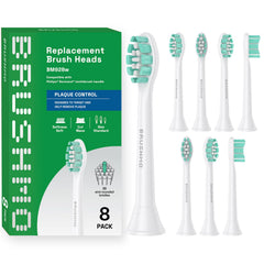 Brushmo vista frontal del empaque con 8 cabezales mostrando compatibilidad con Sonicare