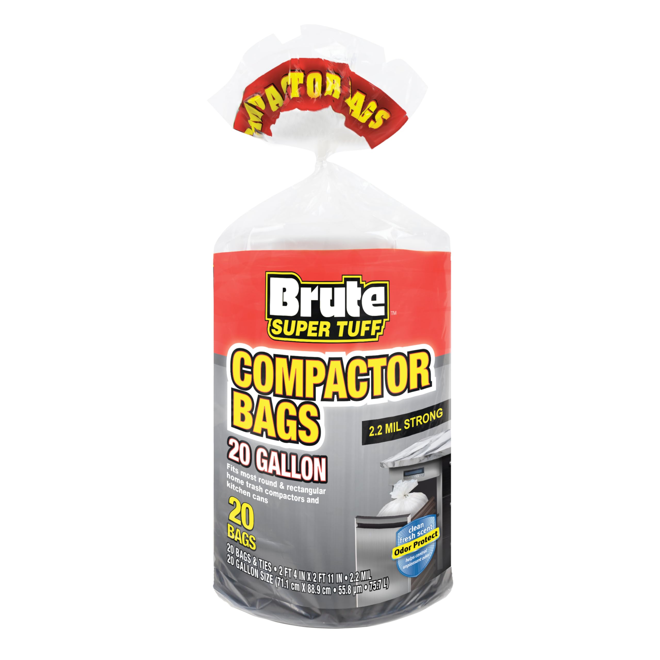 Brute Super Tuff frente del paquete que muestra 20 bolsas y aroma Clean Fresh