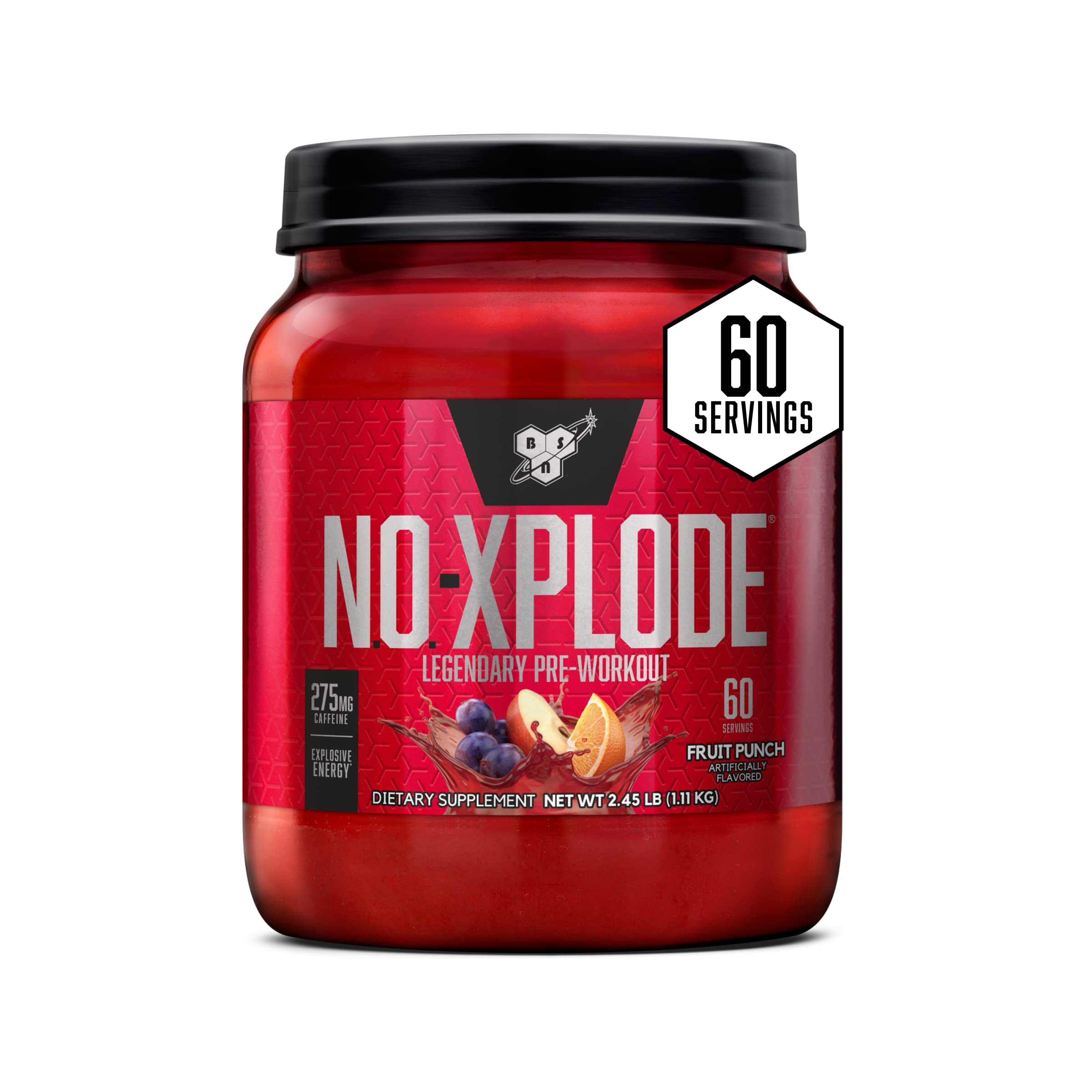 BSN bote N.O.-XPLODE Fruit Punch frente mostrando etiqueta y volumen