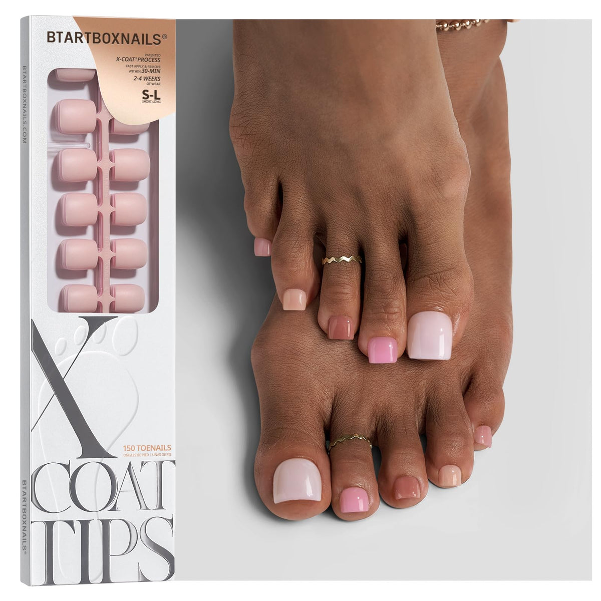 BTArtboxnails frontal del paquete mostrando 150 uñas y tonos nude, aspecto profesional