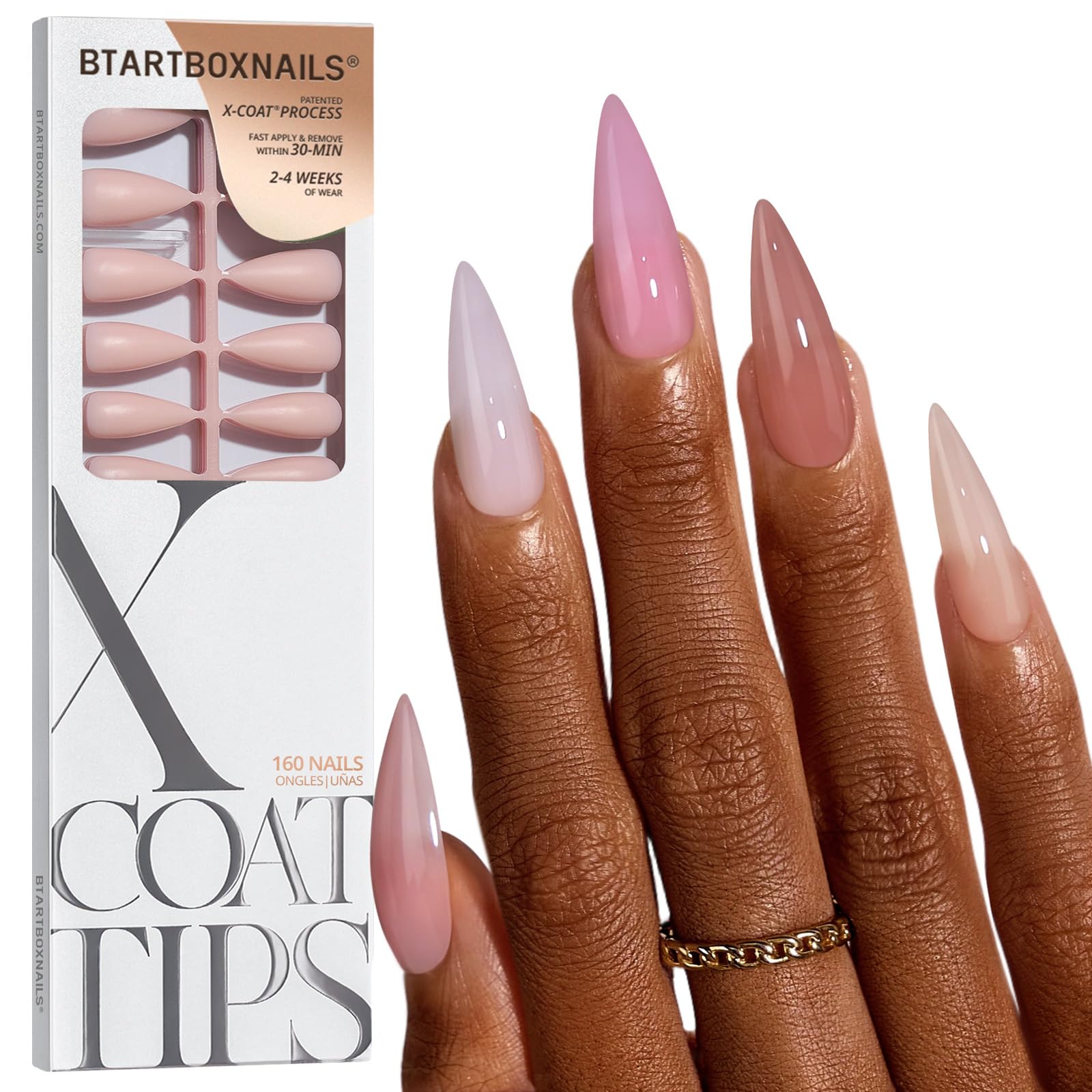 BTArtboxnails vista frontal del empaque mostrando 5 tonos nude y beneficio de variedad