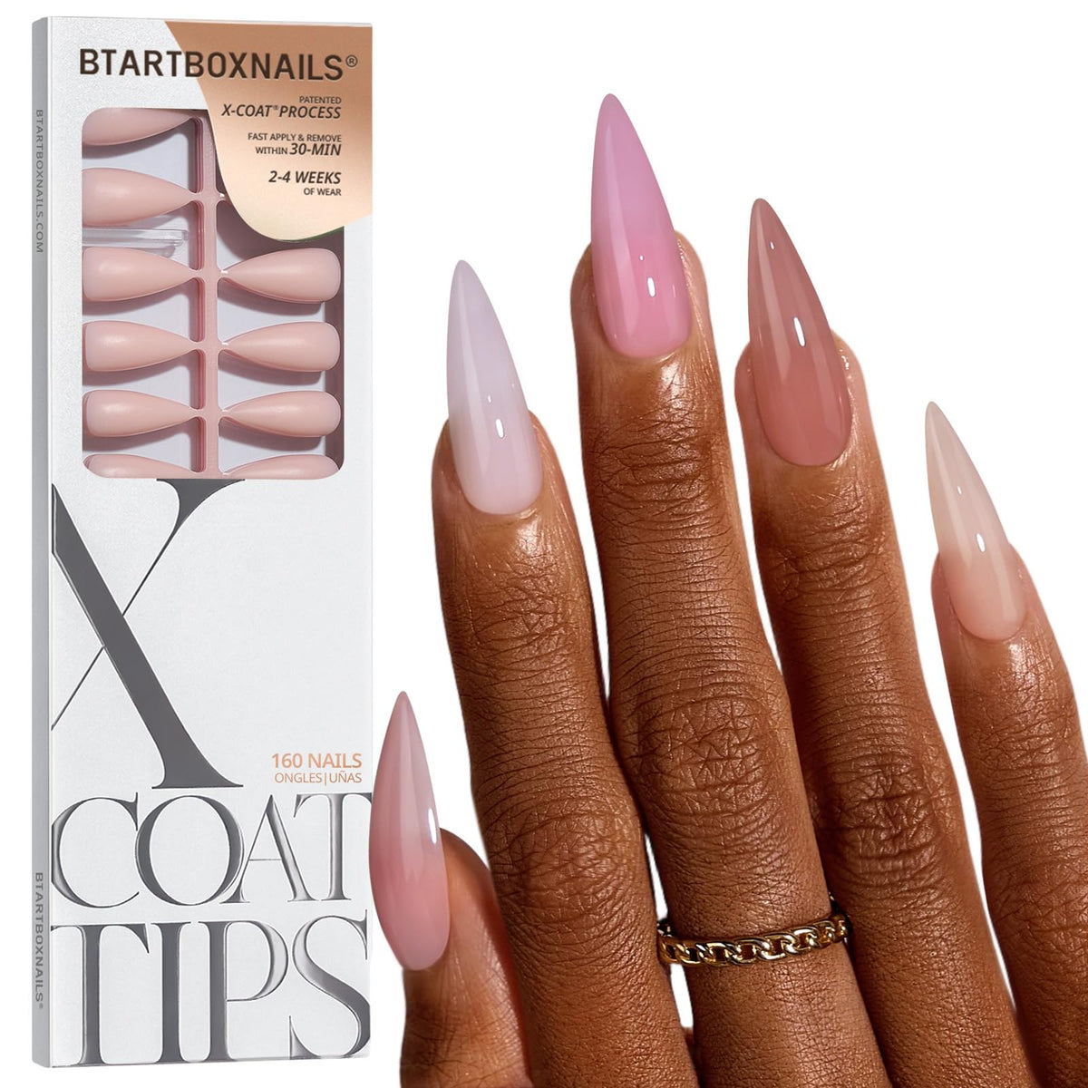BTArtboxnails vista frontal del empaque mostrando 5 tonos nude y beneficio de variedad