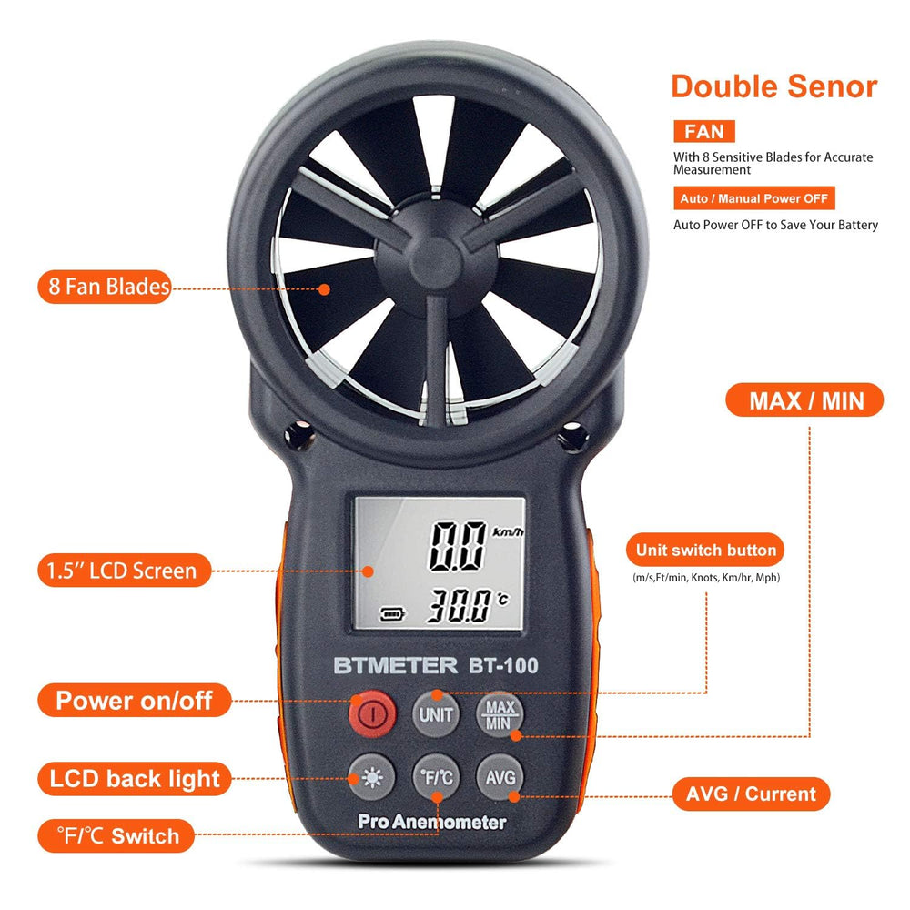 BTMETER metal tripod thread for stable hands-free wind monitoring