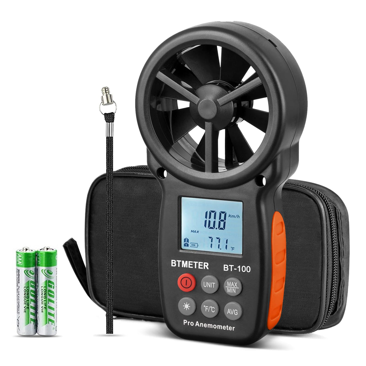 BTMETER front view with display showing wind speed for fast readings