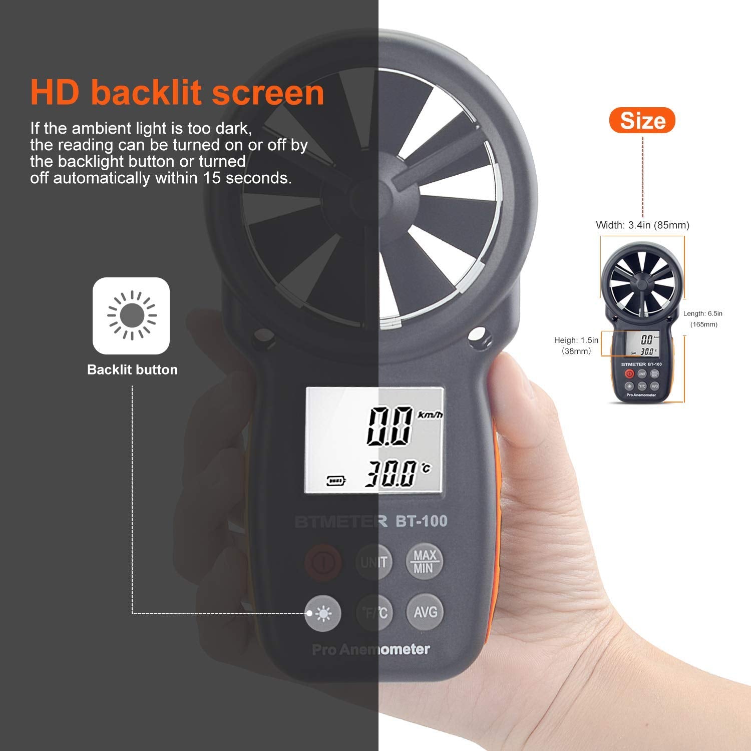 BTMETER held in hand to show compact size for easy portability