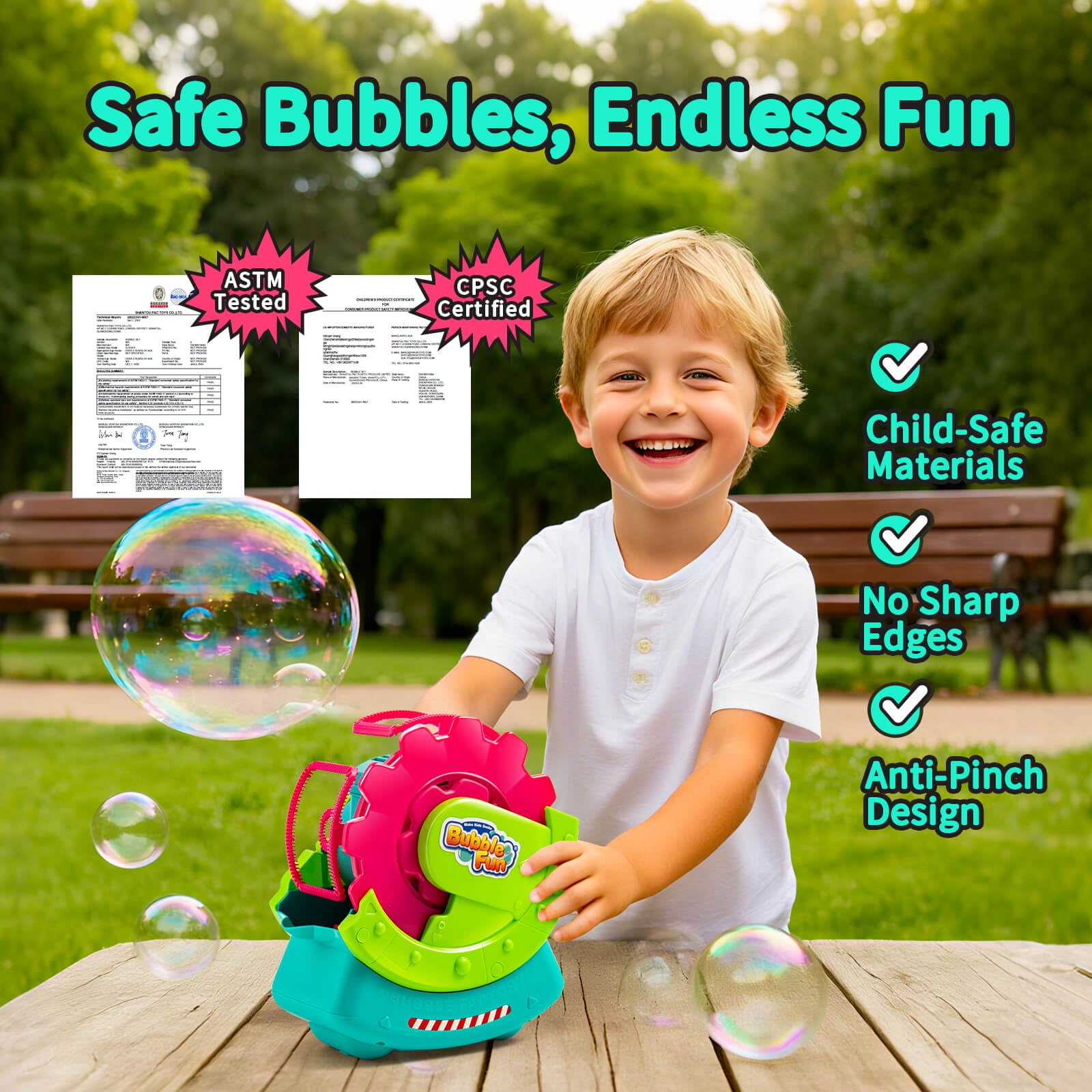 Bubble Fun niña jugando con burbujas beneficiando coordinación y entretenimiento