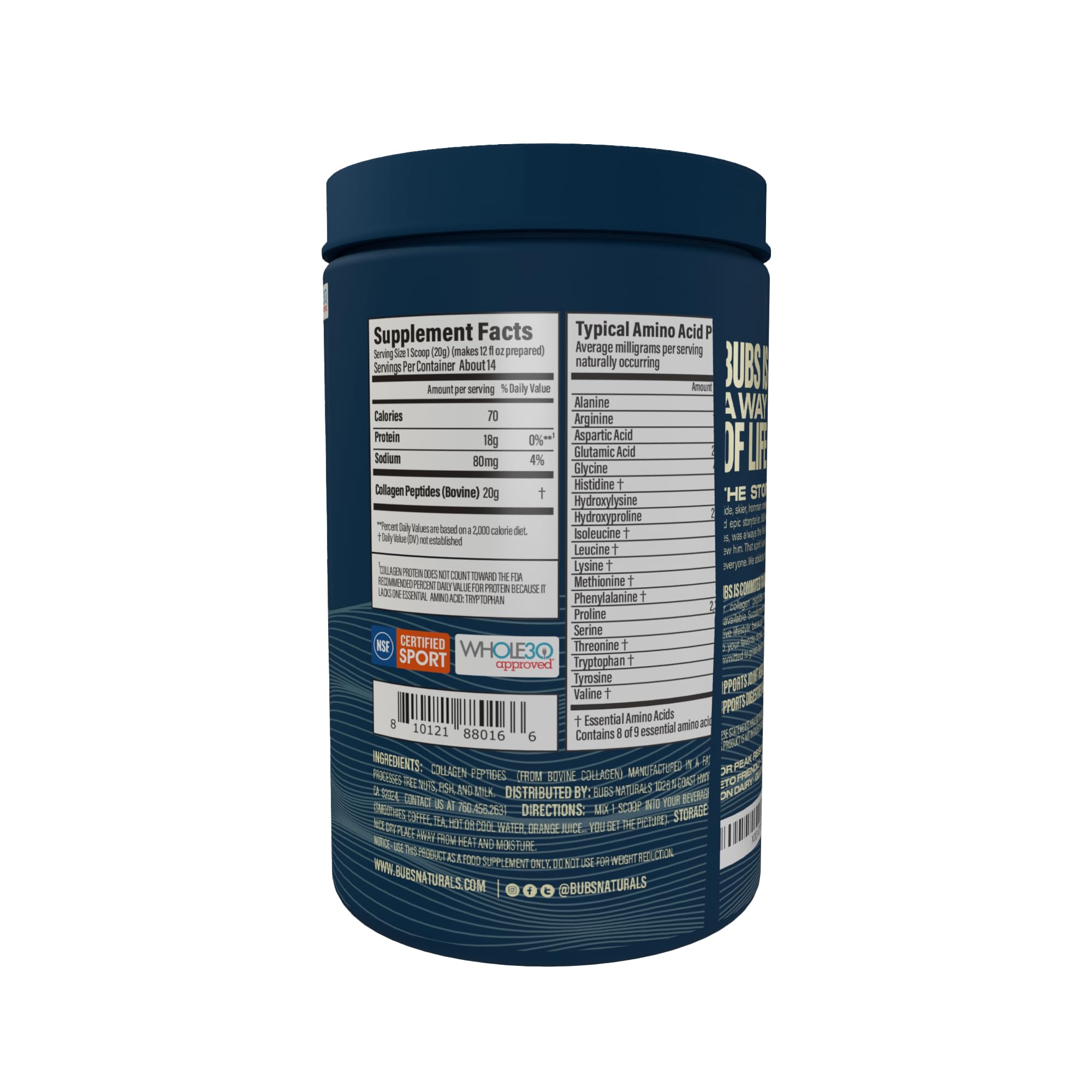 BUBS Naturals etiqueta nutricional enfocada en información de ingredientes y beneficios