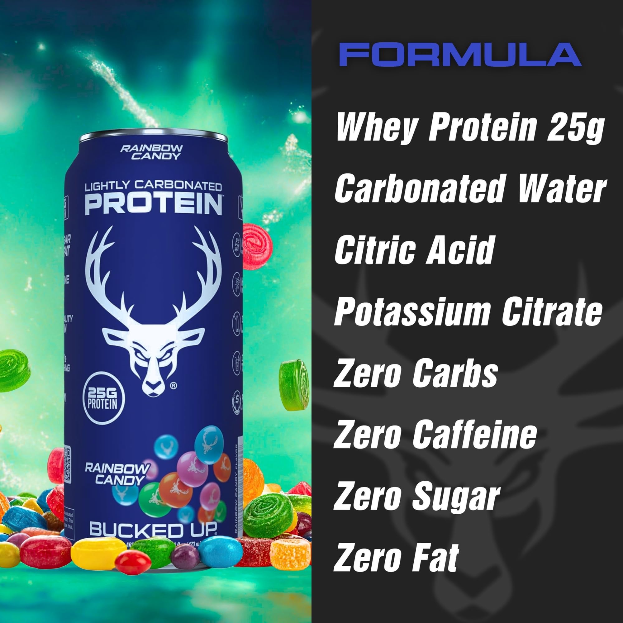 Bucked Up etiqueta nutricional que destaca 25 g de proteína