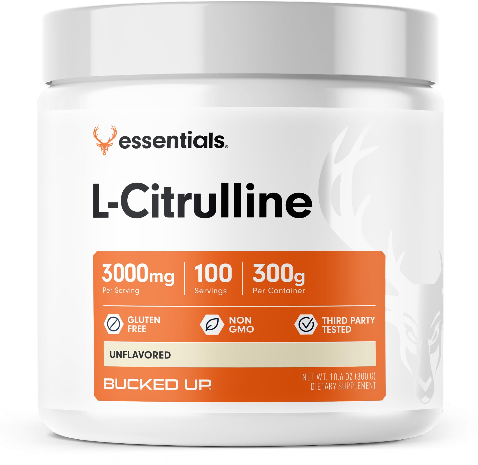 Bucked Up envase frontal del polvo L-Citrulline con diseño claro y beneficios visibles