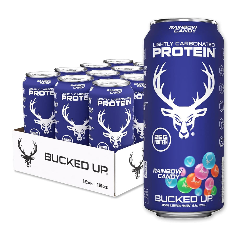 Bucked Up lata frontal Rainbow Candy mostrando diseño y conveniencia