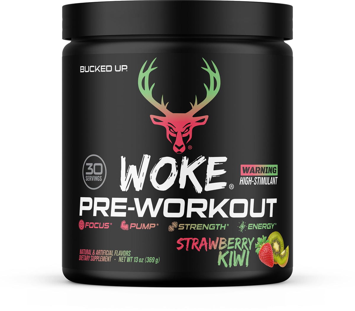 Bucked Up bote frontal Fresa Kiwi mostrando la marca y sabor energizante