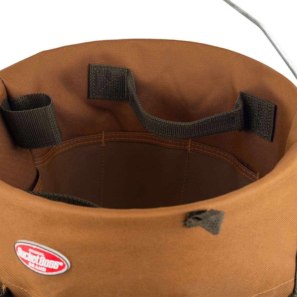 Bucket Boss etiqueta de materiales mostrando poli rip-stop y resistencia