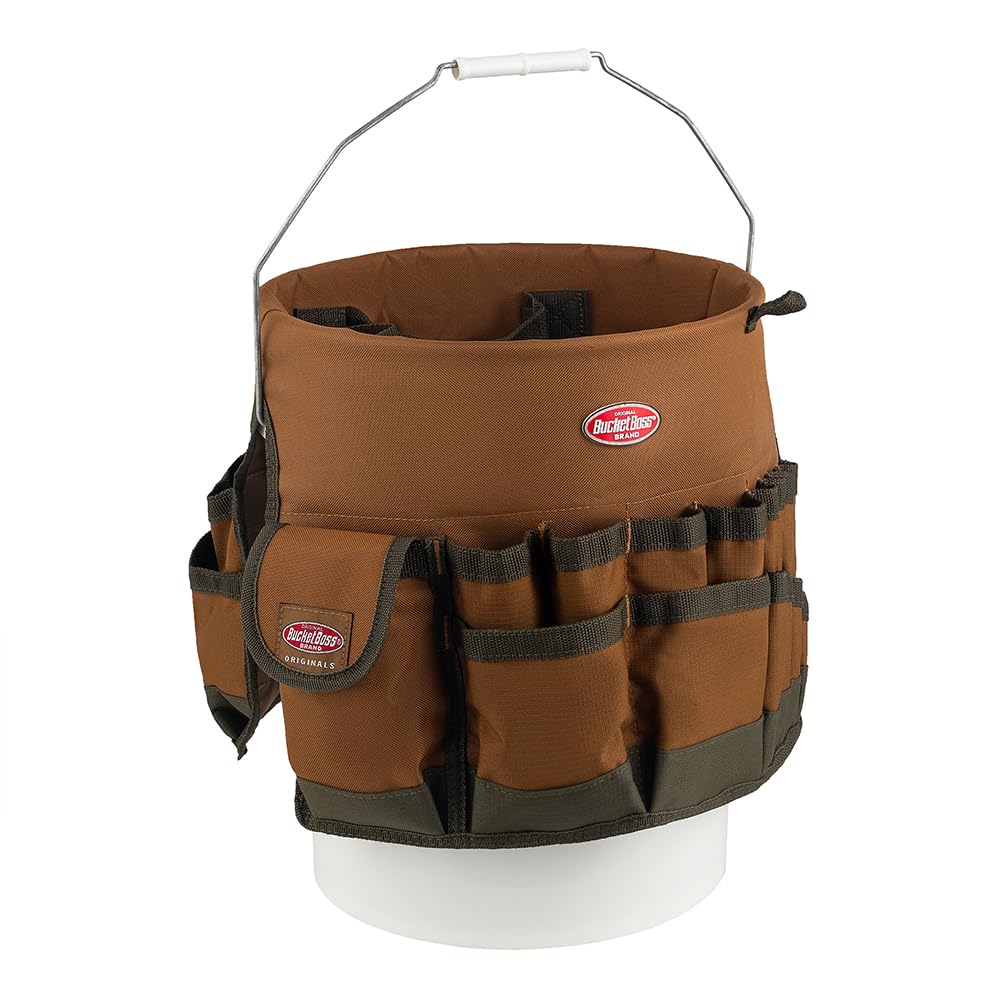 Bucket Boss lazos interiores sosteniendo martillo y taladro con seguridad