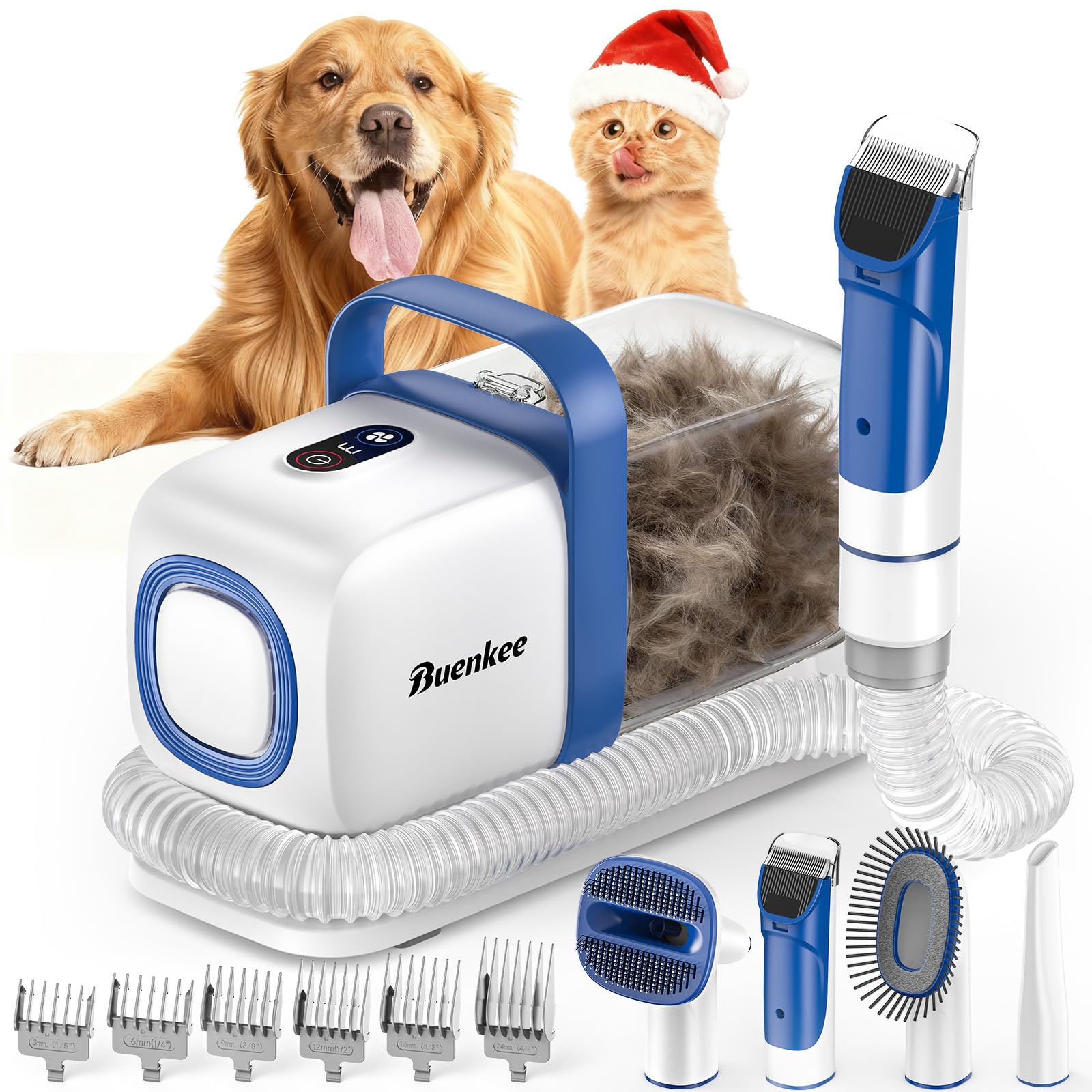 buenkee vista frontal del kit con cortapelos y aspiradora, limpieza eficiente
