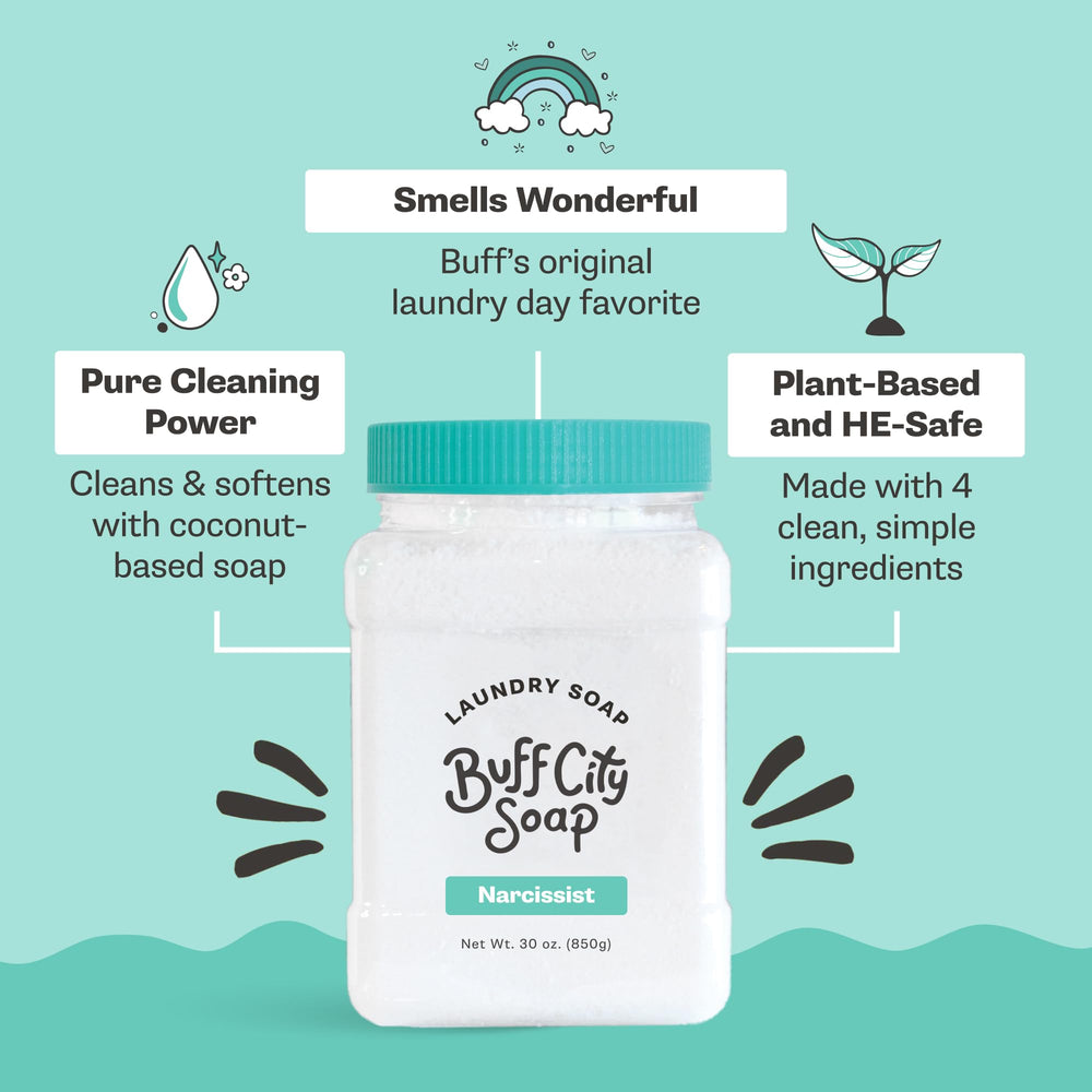 Aplicación del polvo Buff City Soap directo en tambor de lavadora, dosificación fácil