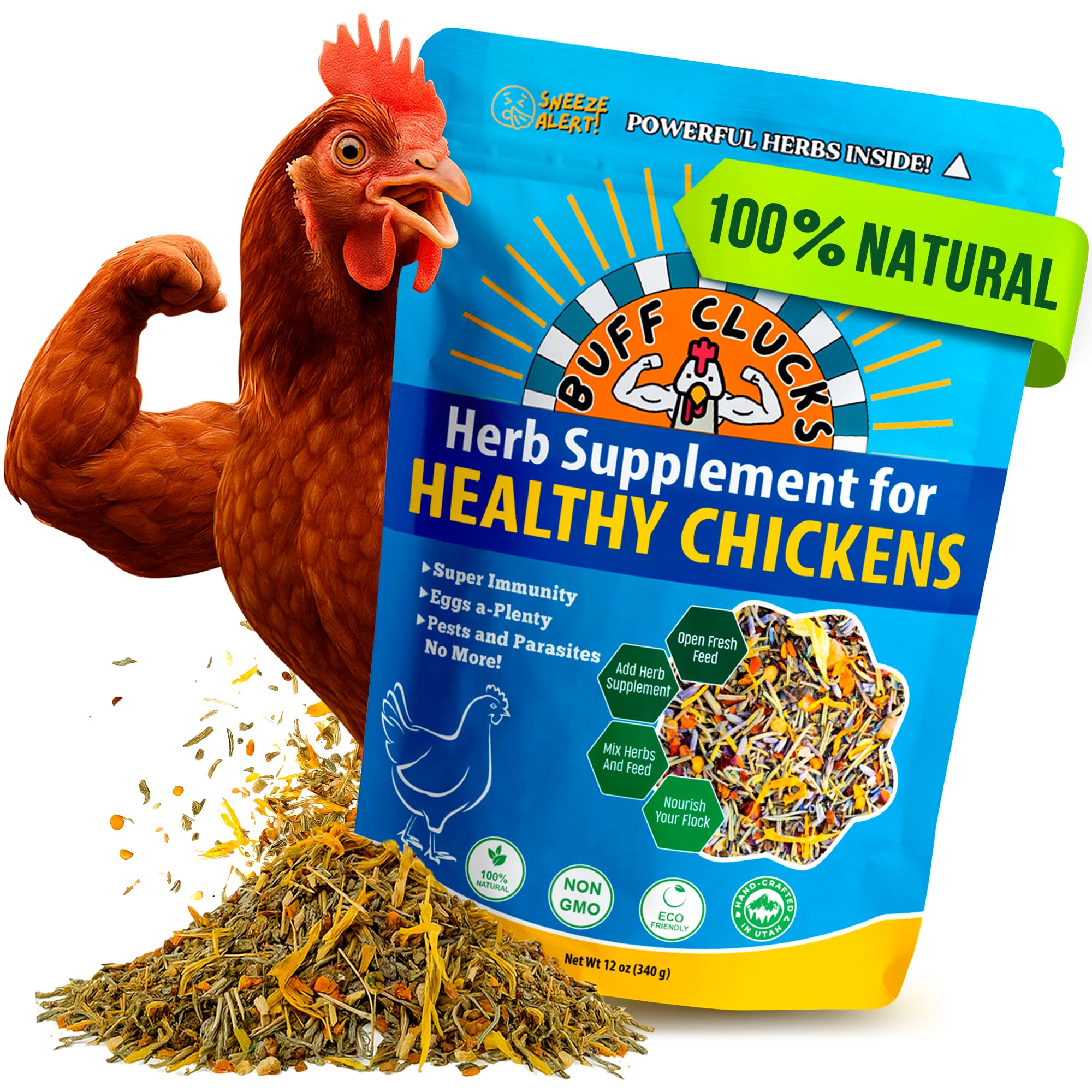 Buff Clucks front packaging showing product label and weight, clear shelf appeal