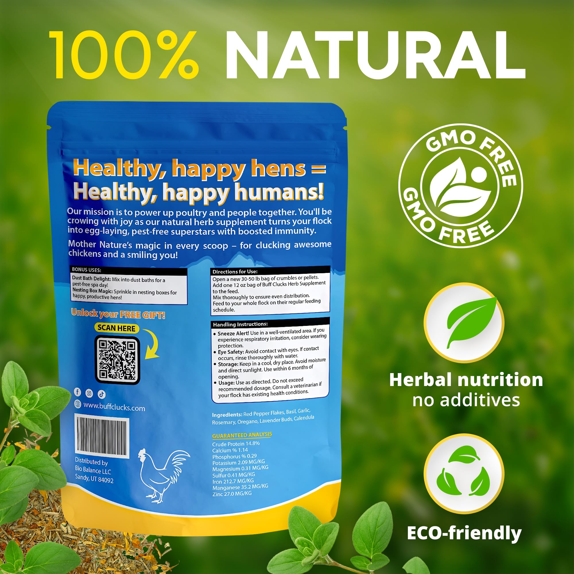 Buff Clucks herb texture close-up highlighting natural ingredients and quality
