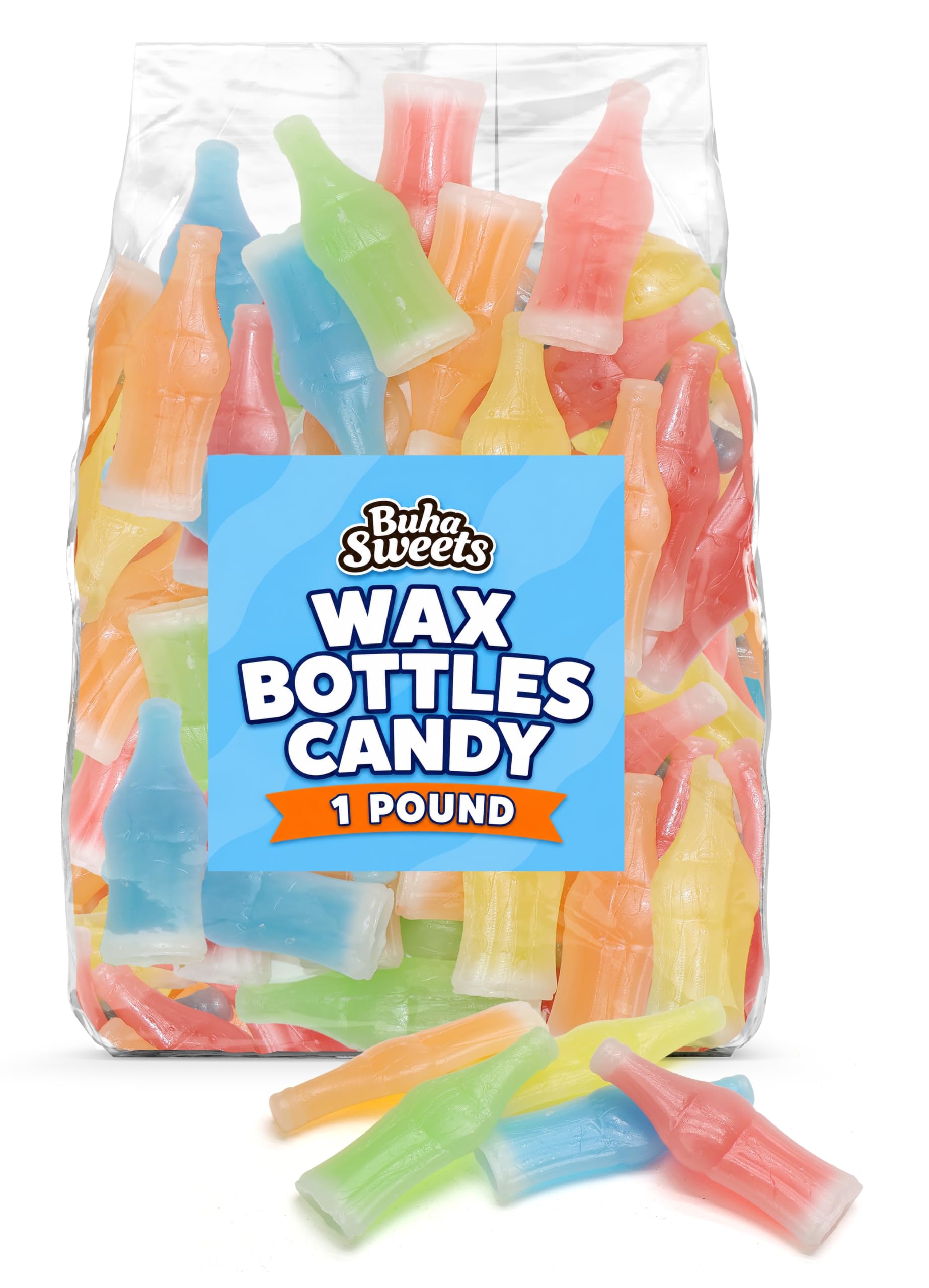 Buha Sweets bolsa frontal mostrando mezcla de botellitas y colores brillantes