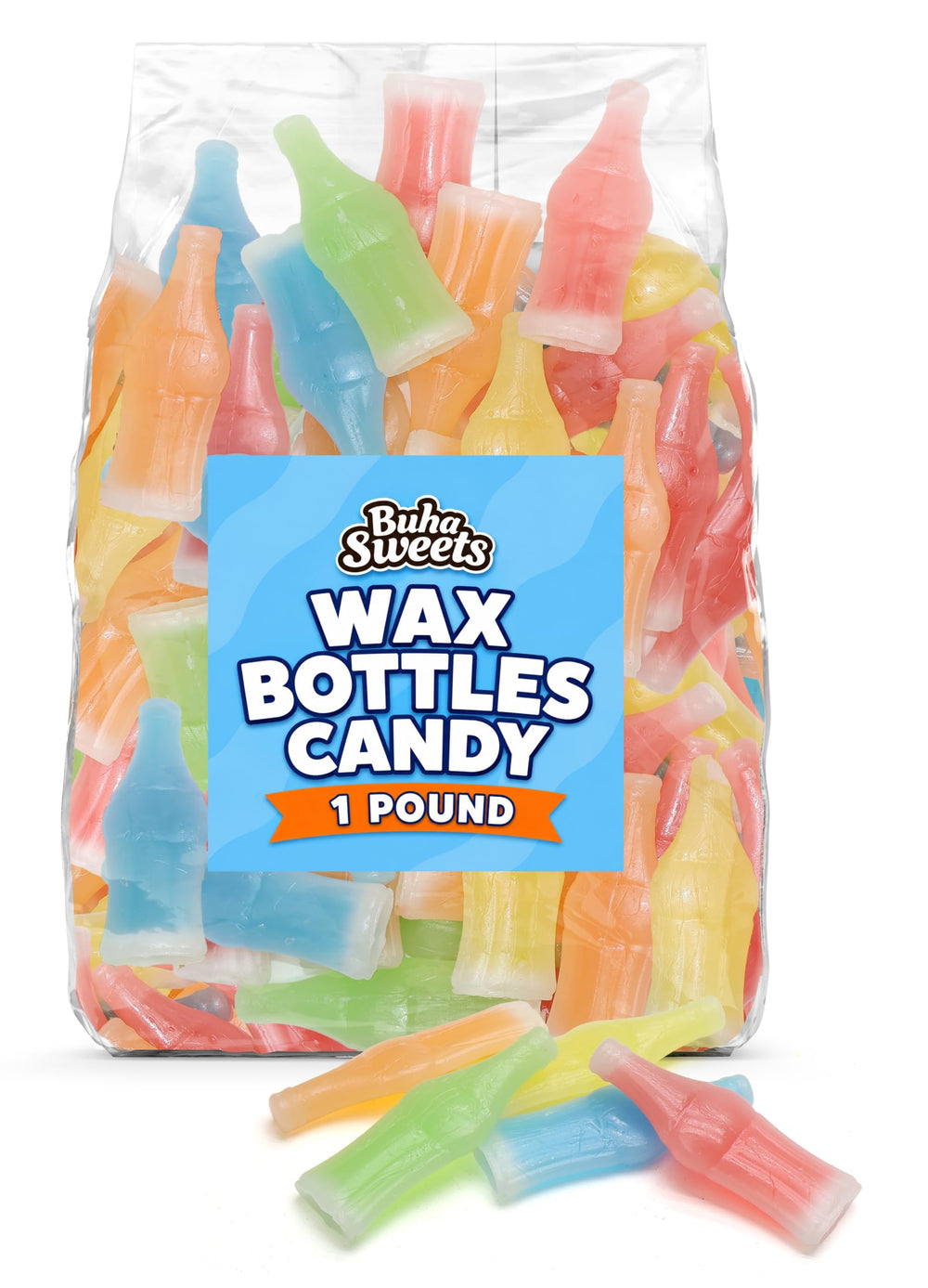 Buha Sweets bolsa frontal mostrando mezcla de botellitas y colores brillantes