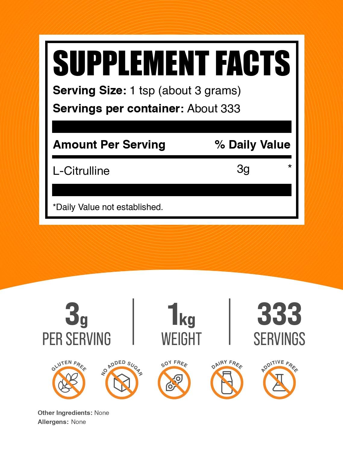 BulkSupplements polvo de L-Citrulline textura fina para mezclar fácilmente