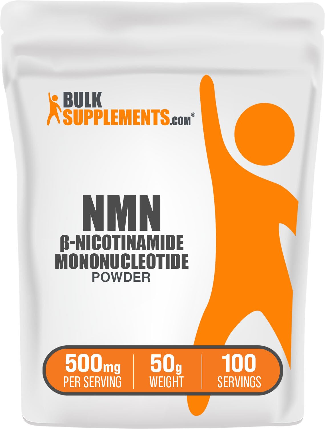 BulkSupplements bote frontal de NMN en polvo, envase puro y sin aditivos