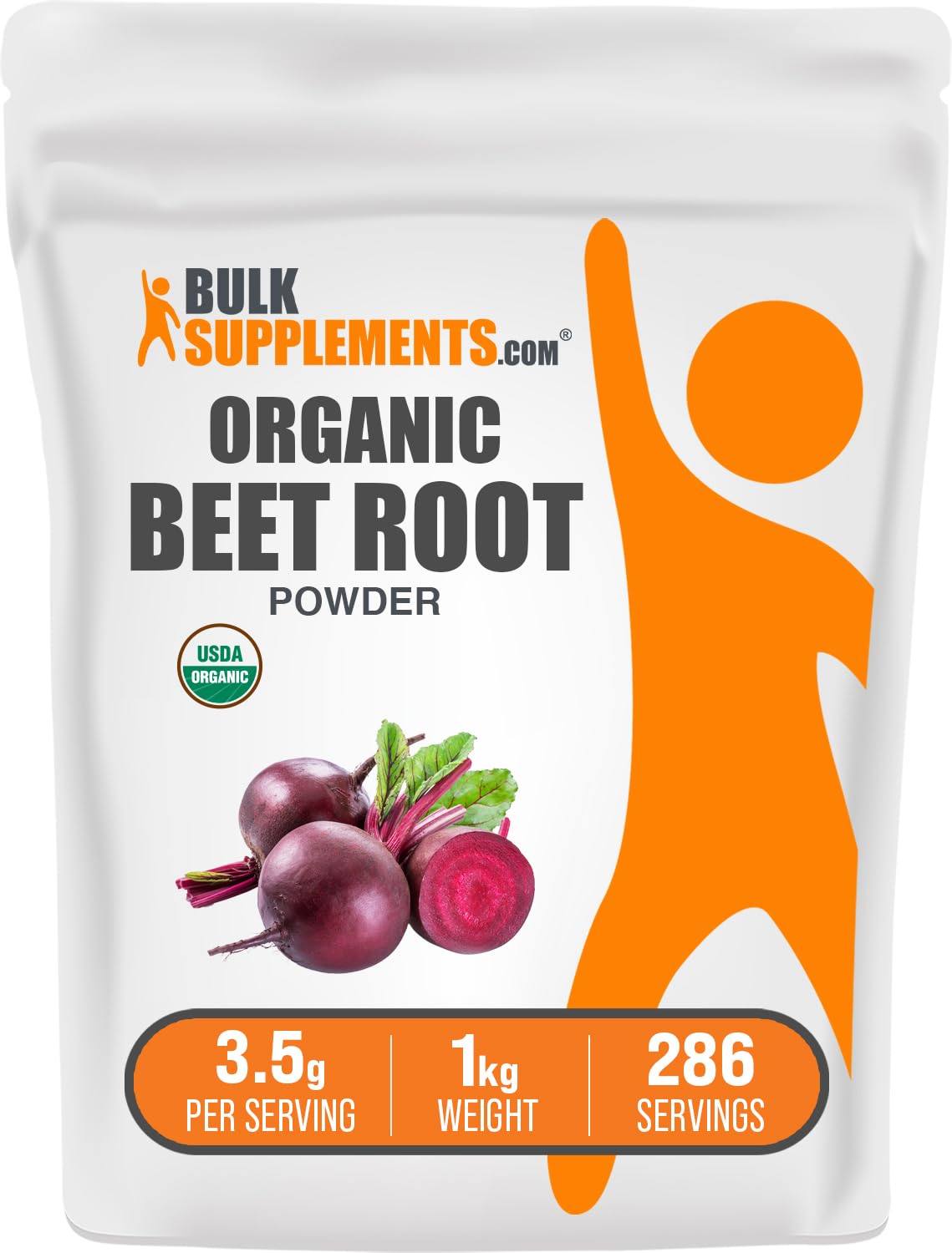 BulkSupplements envase frontal de polvo de remolacha orgánico mostrando presentación clara