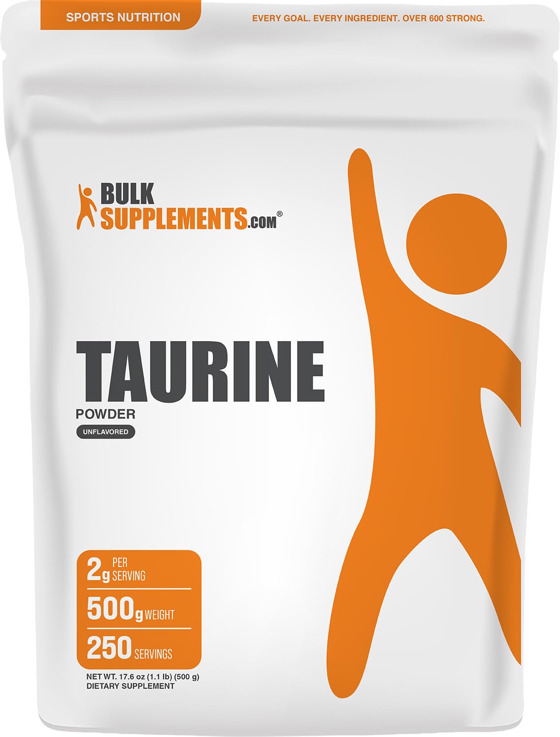 BulkSupplements bote frontal de Taurine Powder mostrando presentación y tamaño