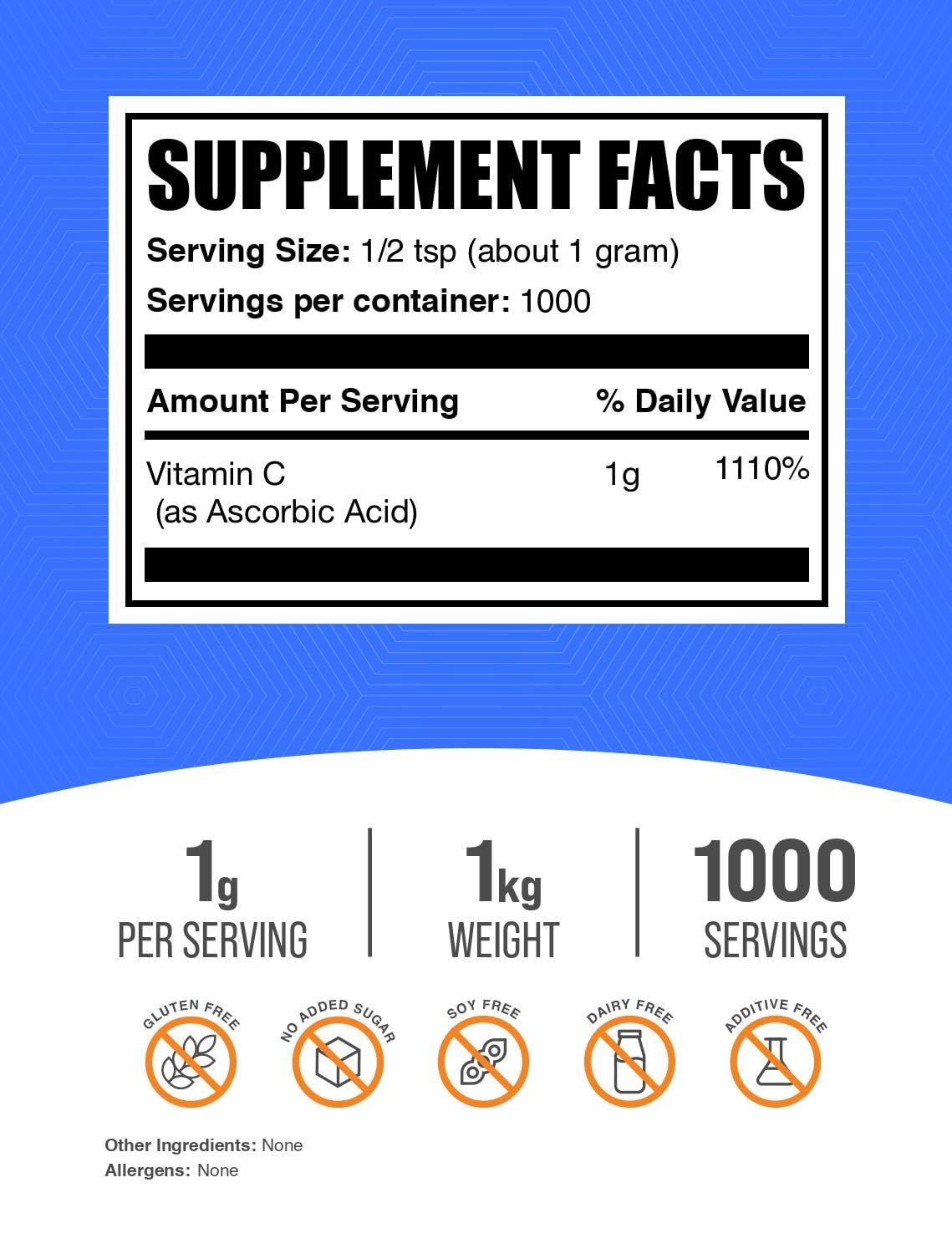 BulkSupplements textura del polvo ácido ascórbico en primer plano, fácil disolución