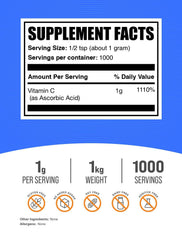 BulkSupplements textura del polvo ácido ascórbico en primer plano, fácil disolución