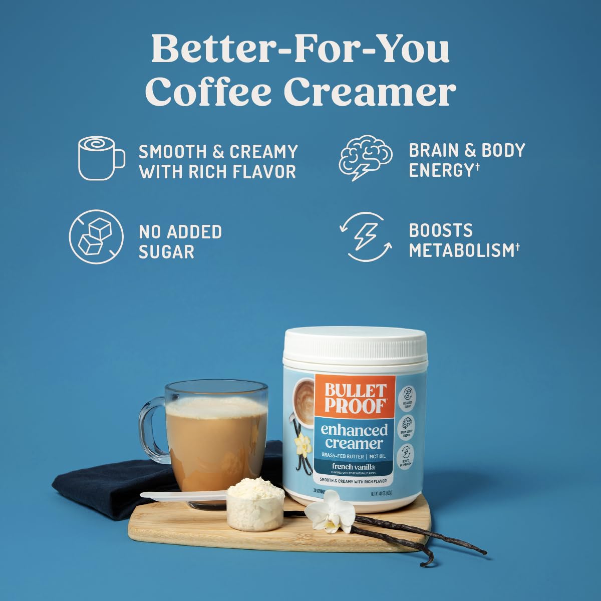 Bulletproof creamer mezclado en café, aporta cremosidad y sabor vainilla