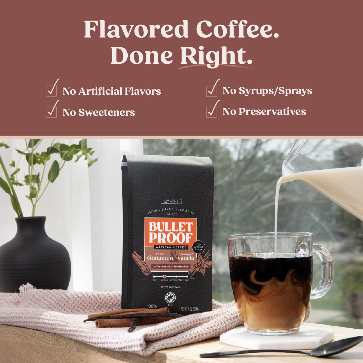 Bulletproof primer plano del café molido que muestra textura uniforme y frescura