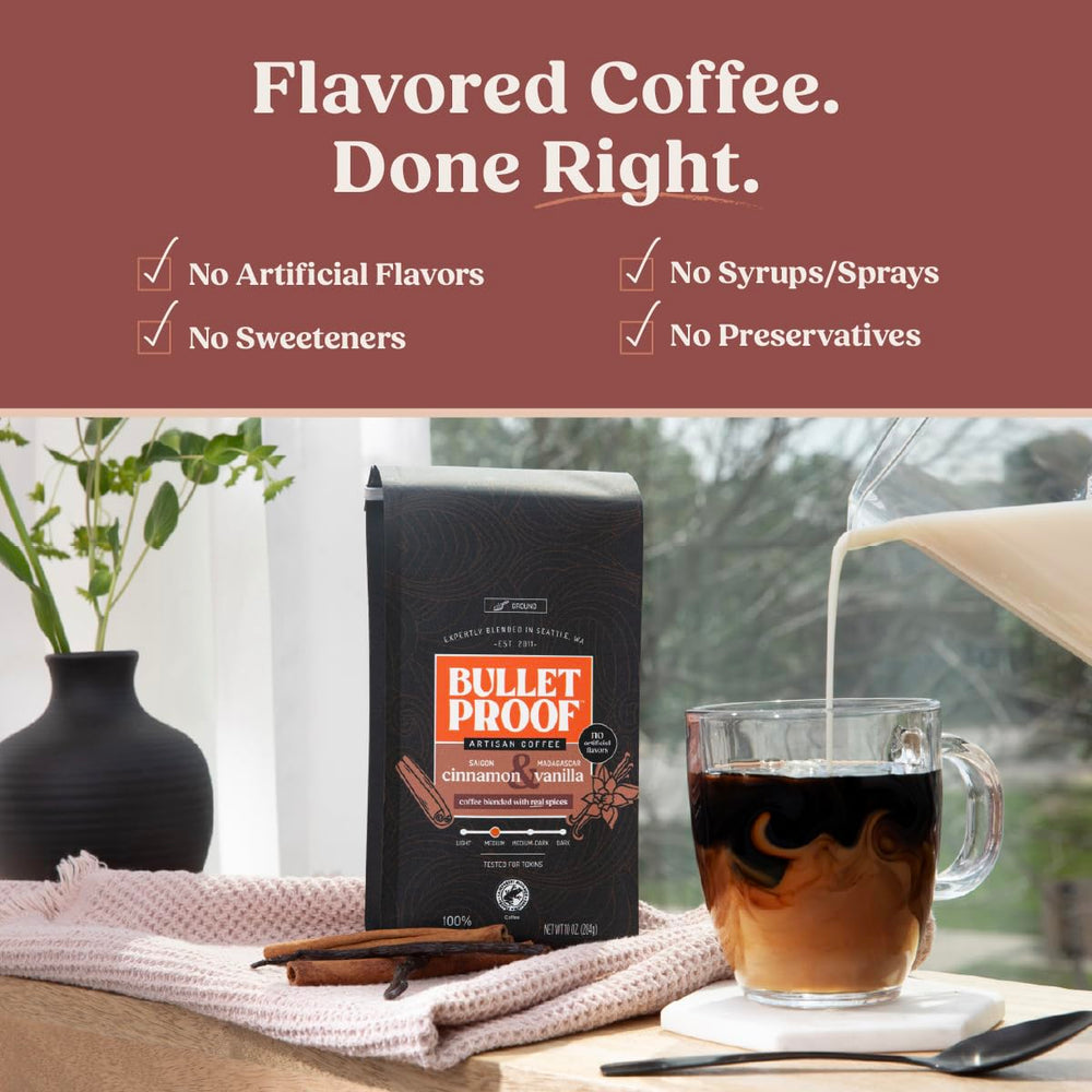 Bulletproof primer plano del café molido que muestra textura uniforme y frescura