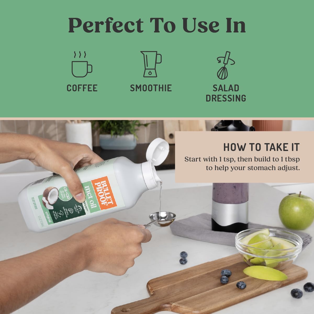 Bulletproof aceite mezclado en batido para cremosidad y energía