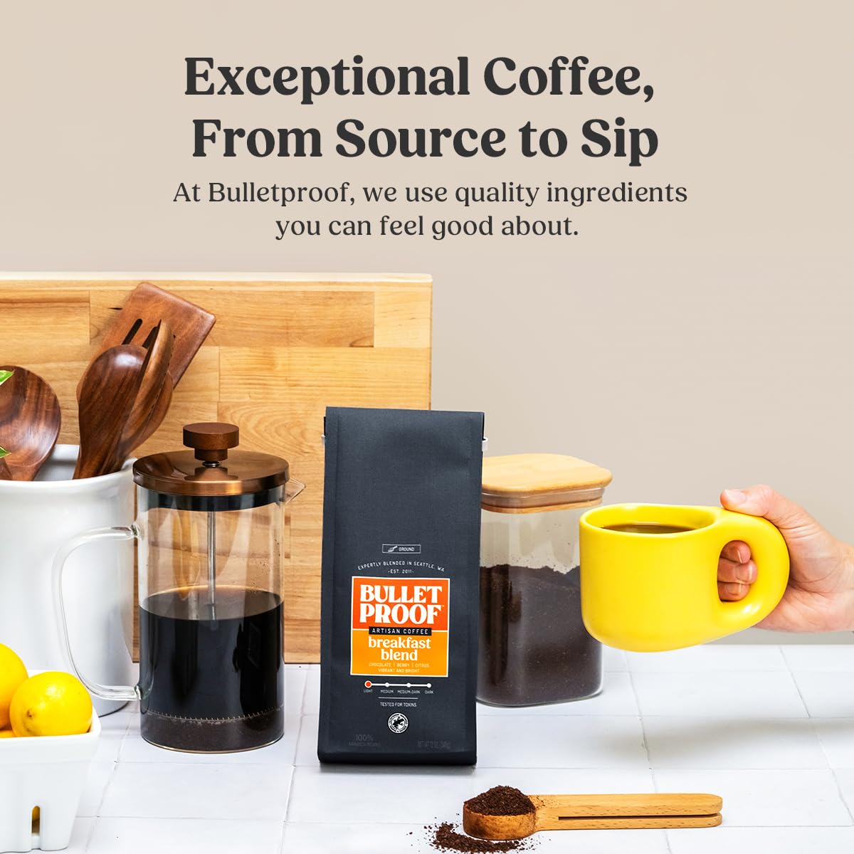 Bulletproof bolsa abierta con café molido listo para preparar