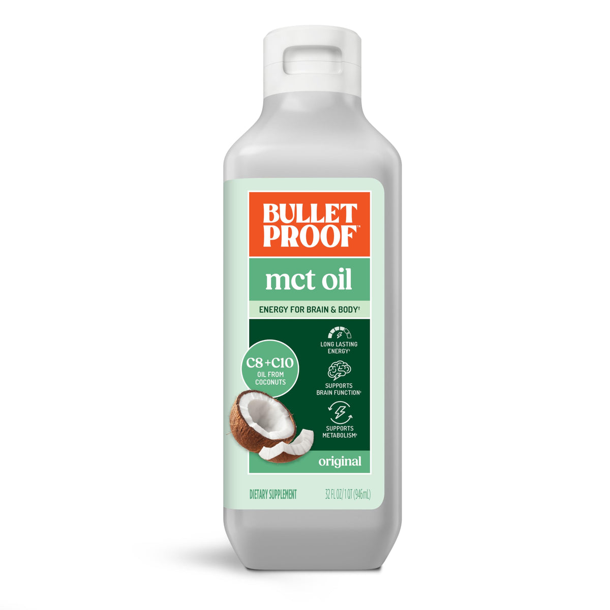 Bottle Bulletproof frente del empaque mostrando tamaño y sello de pureza