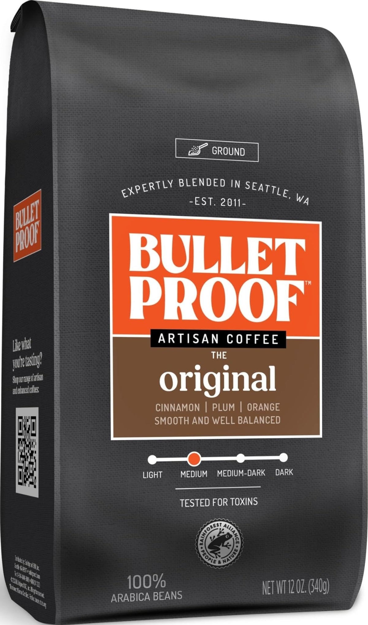 Bulletproof frente del empaque mostrando 12 oz y sello de calidad