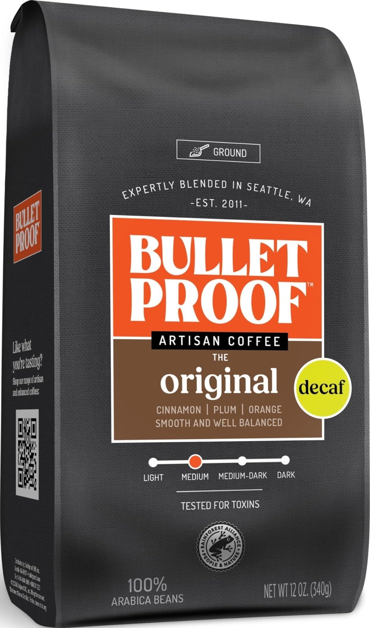 Bulletproof frente del empaque mostrando la bolsa y el logo, transmite confianza
