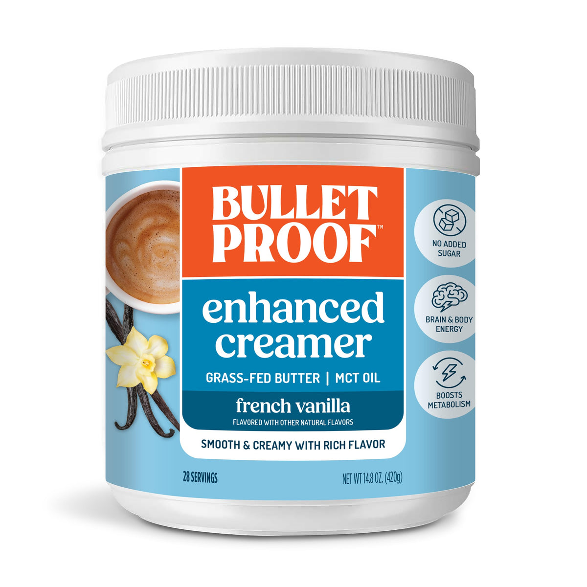 Bulletproof frasco frontal mostrando creamer vanilla, conveniencia y sabor
